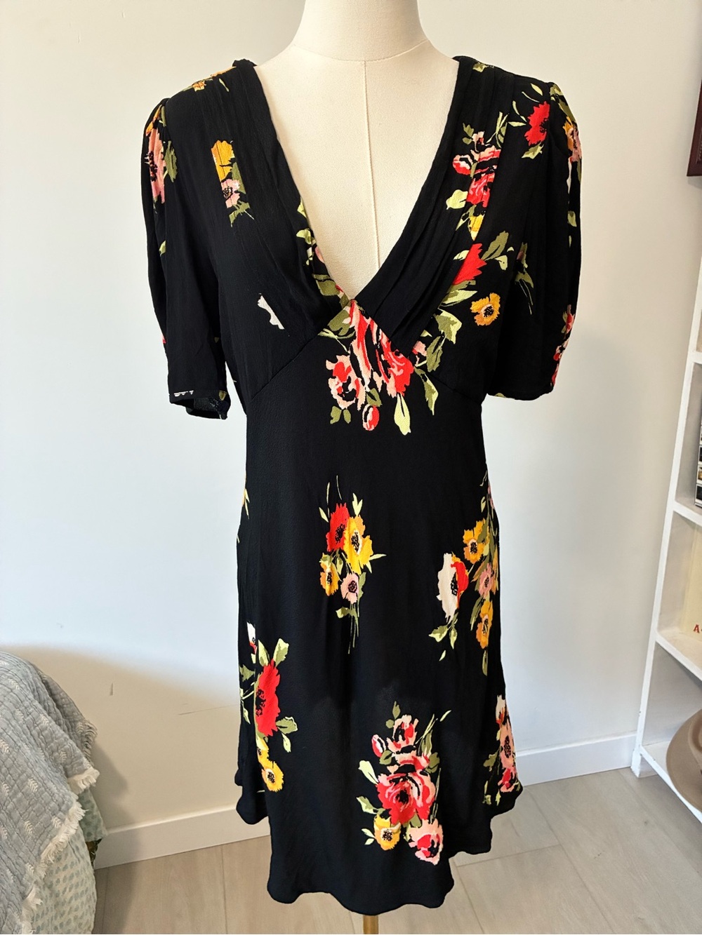 Free People Black Fit and Flare Mini Dress with Red, Yellow & Pink Floral Print